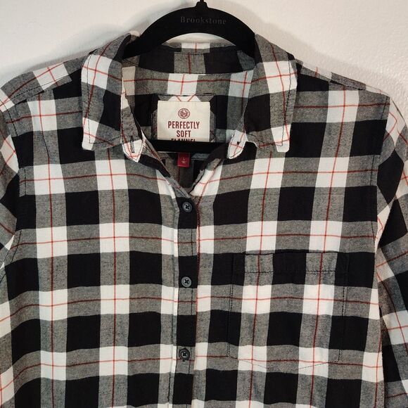 SO Cotton Perfectly Soft Flannel Large Women's Jrs White Black Plaid Button Up - Picture 2 of 5
